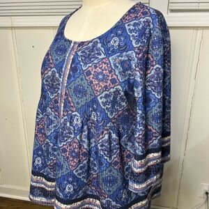 Weekend Suzanne Betro 3X Blue Boho Medallion Tunic 3/4 Sleeve Flowy Top
